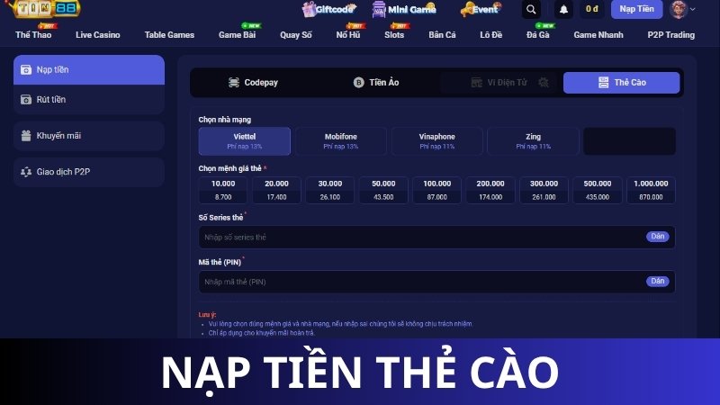 Nạp tiền Tin88 bằng thẻ cào di động