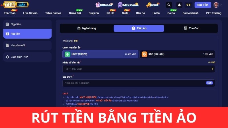 Rút tiền Tin88 bằng phương thức Tiền ảo